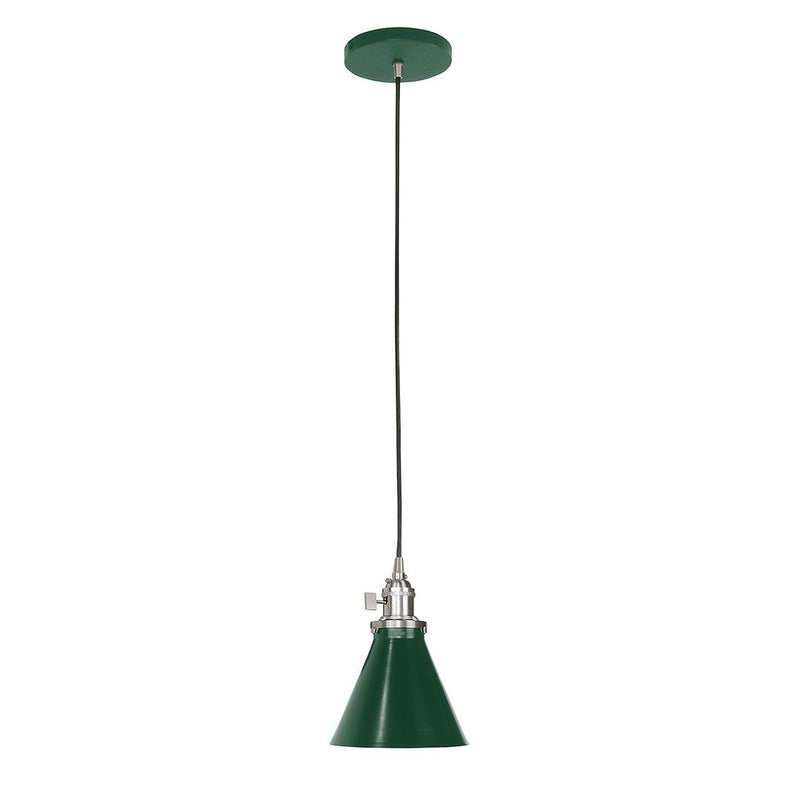 Uno pendant with forest green cone shade and brushed nickel mounting, hanging cord.