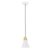 Uno pendant light with white shade, brushed brass socket, and black cord, single bulb