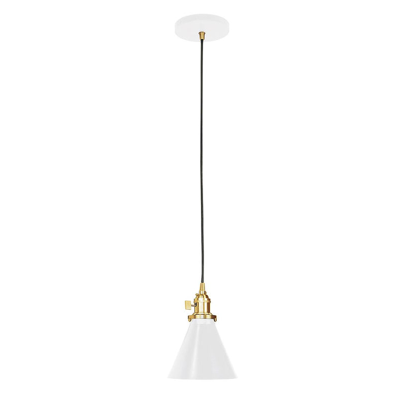 White cone pendant light with brushed brass top and black cord