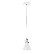 White Uno pendant lamp with brushed nickel stem and bell-shaped shade