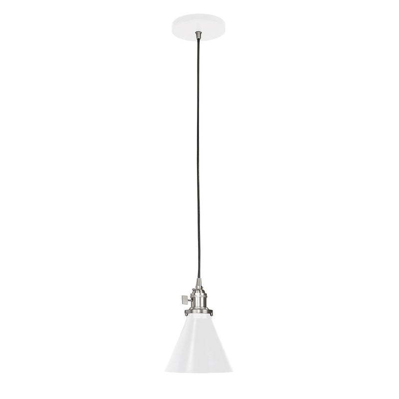 White Uno pendant lamp with brushed nickel stem and bell-shaped shade
