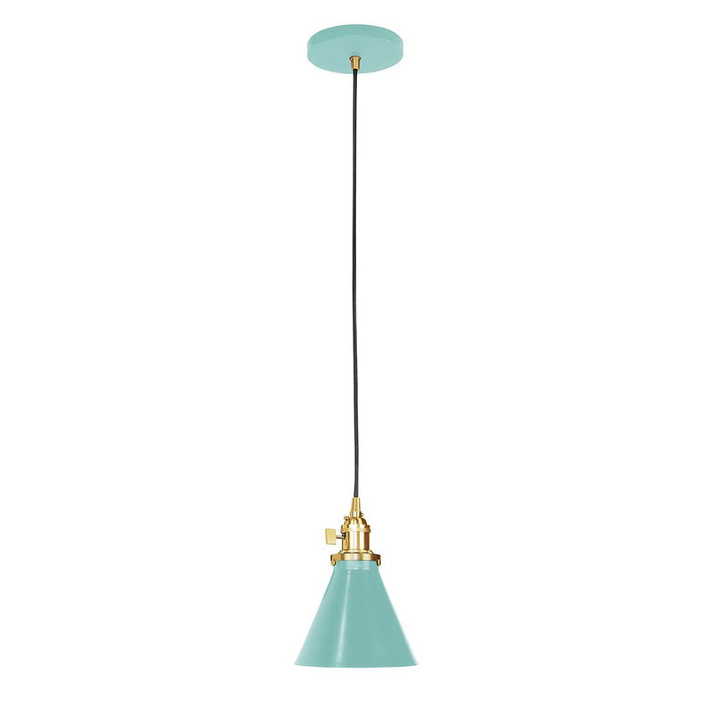 Sea green pendant lamp with brushed brass canopy and bell-shaped shade