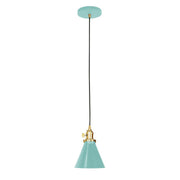 Sea green pendant shade with brushed brass socket and black hanging cord
