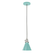 Sea green pendant light with brushed nickel canopy and bell shade, black cord
