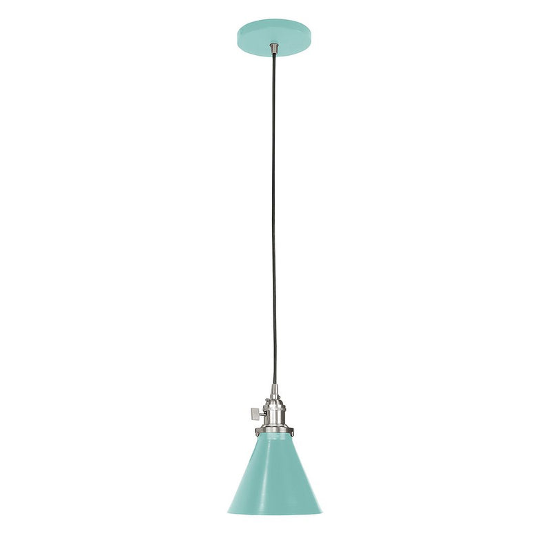 Sea green conical pendant light with brushed nickel hardware and braided cord