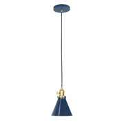 Navy conical Uno pendant shade with brushed brass top and black cord