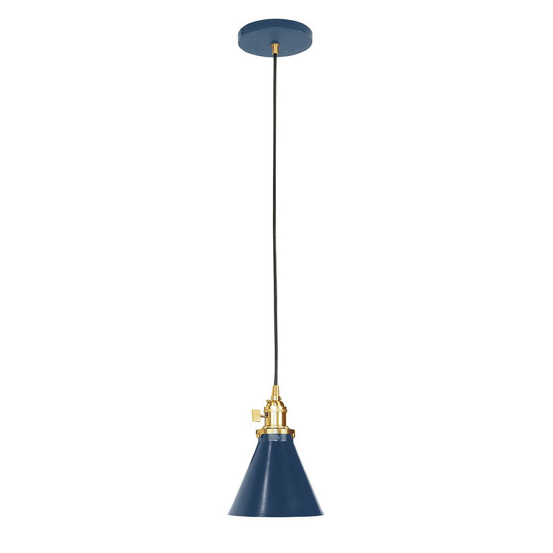 Navy conical Uno pendant shade with brushed brass top and black cord