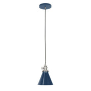 Uno navy cone pendant light with brushed nickel socket and ceiling canopy