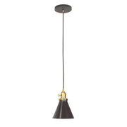 Architectural bronze pendant light with conical shade, brushed brass trim, and black cord