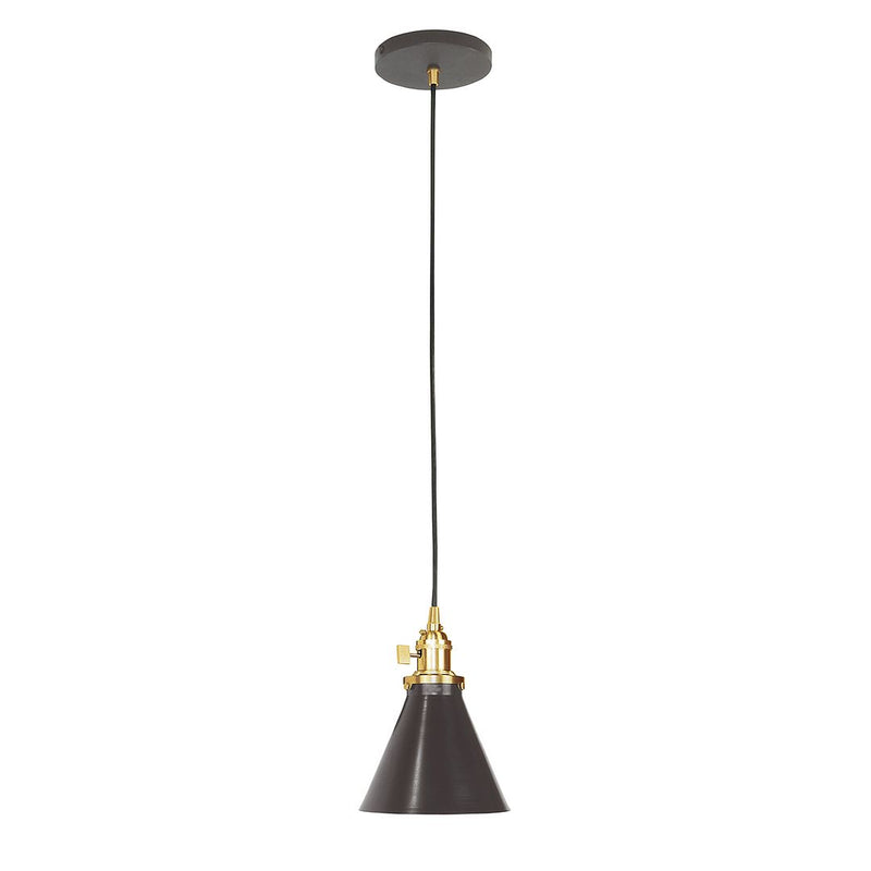 Architectural bronze pendant light with conical shade, brushed brass trim, and black cord