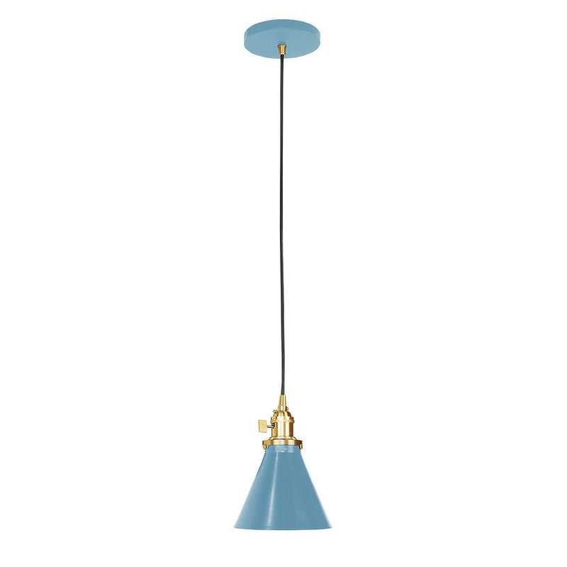 Light blue pendant shade with brushed brass socket and black cord
