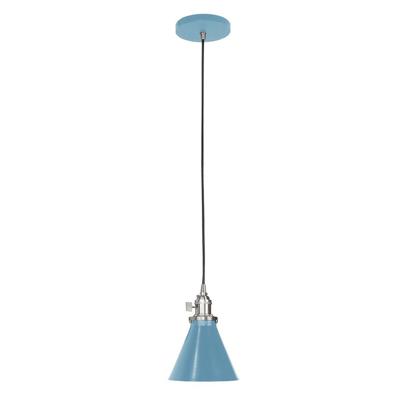 Uno pendant with light blue shade, brushed nickel canopy, and black cord.