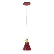 Barn red pendant lamp with brushed brass hardware and conical shade