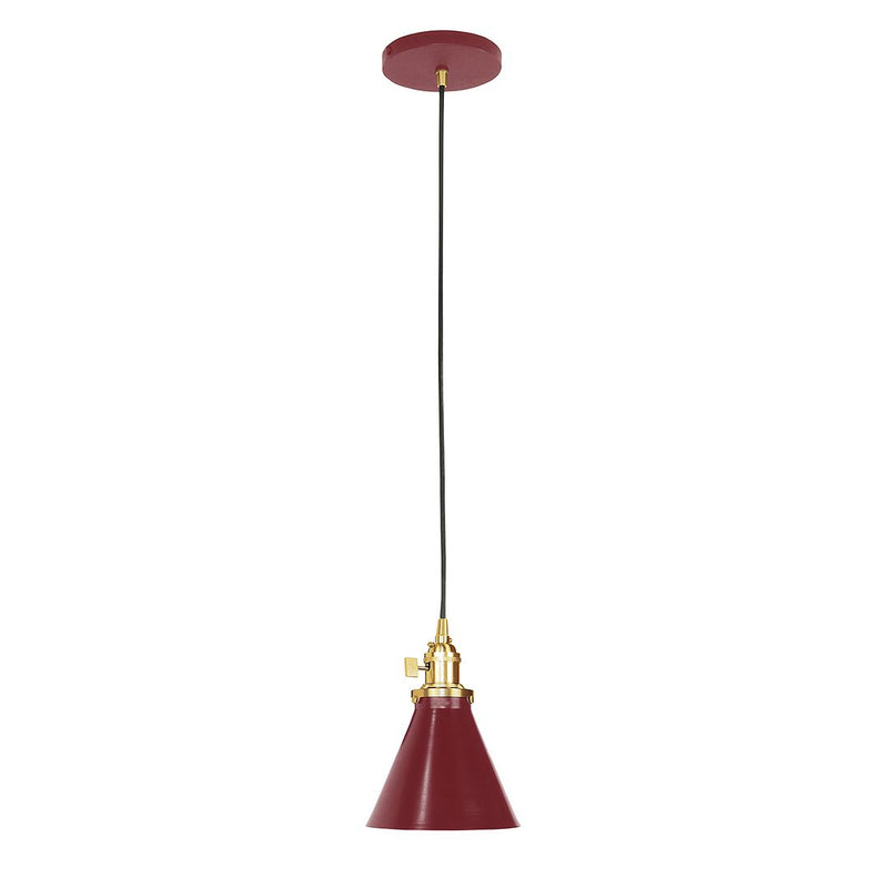 Barn red pendant shade with brushed brass socket, black cord, and round ceiling canopy