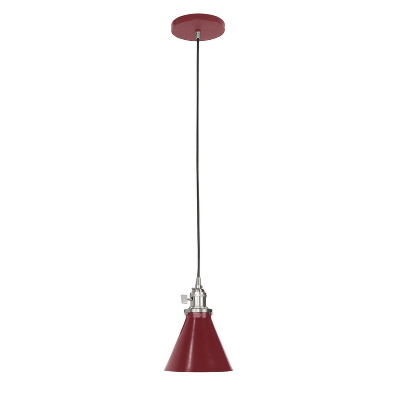 Barn red Uno pendant with brushed nickel canopy and conical shade