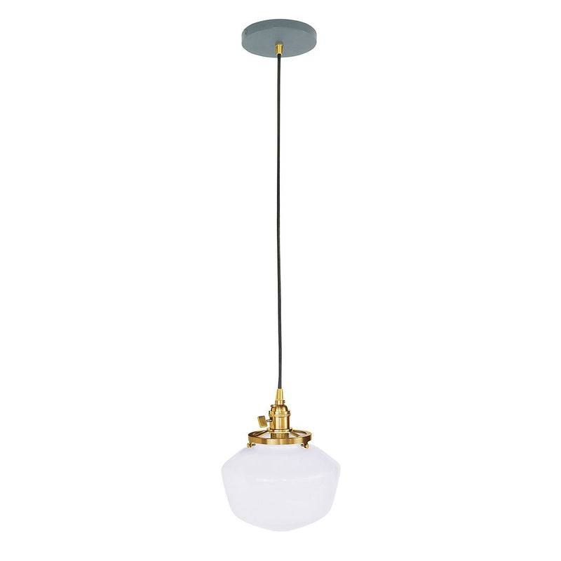 Slate gray Uno pendant with brushed brass hardware and white opal glass shade hanging cord