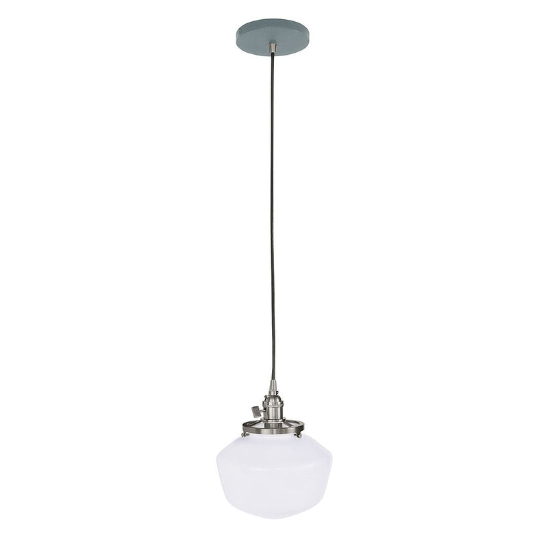 Slate gray pendant light with brushed nickel canopy and frosted glass dome shade