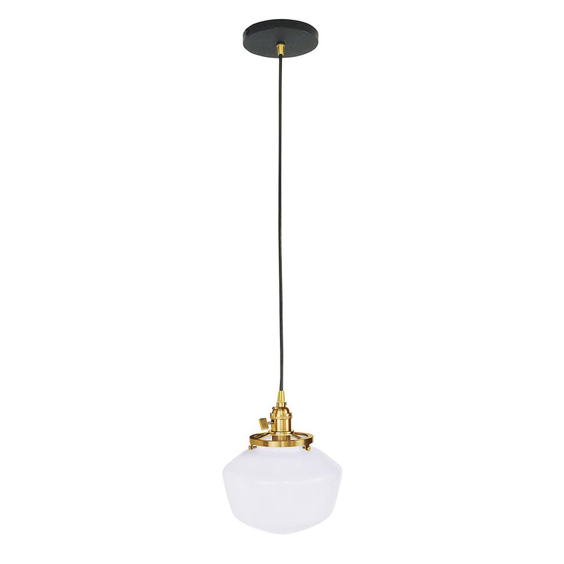 Pendant light with black canopy, brushed brass hardware, and white glass shade