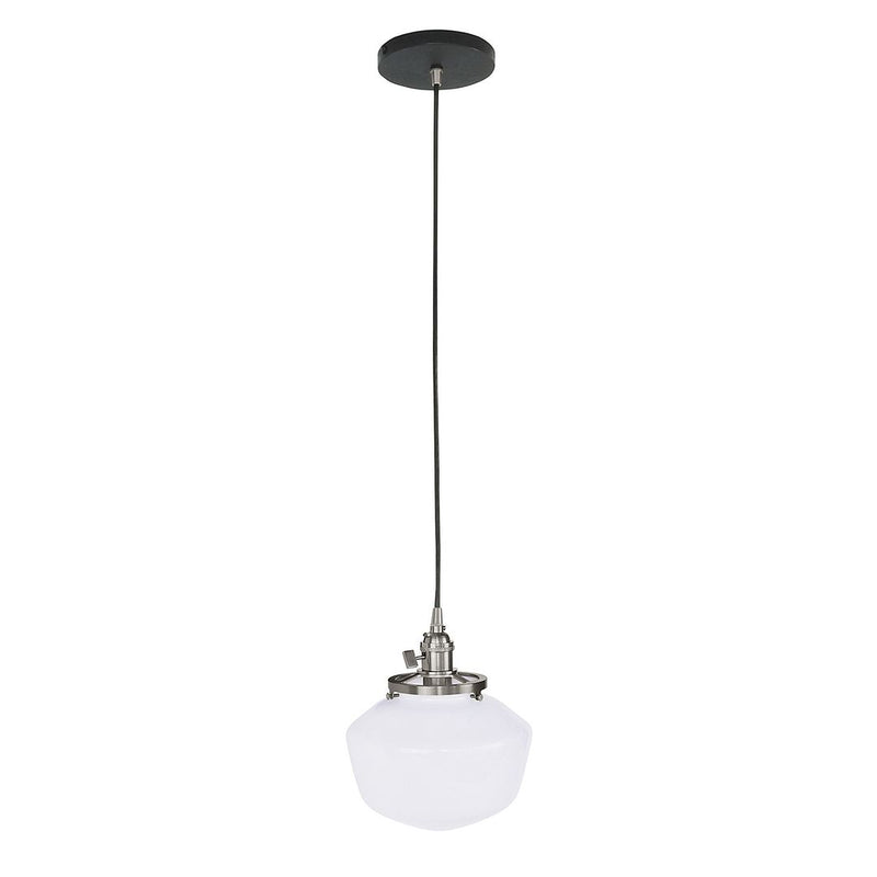 Black pendant light with brushed nickel canopy and clear glass globe shade