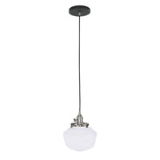 Black pendant light with brushed nickel canopy and frosted glass bell shade