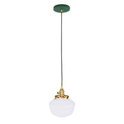 Forest green Uno pendant with frosted white glass globe and brushed brass canopy