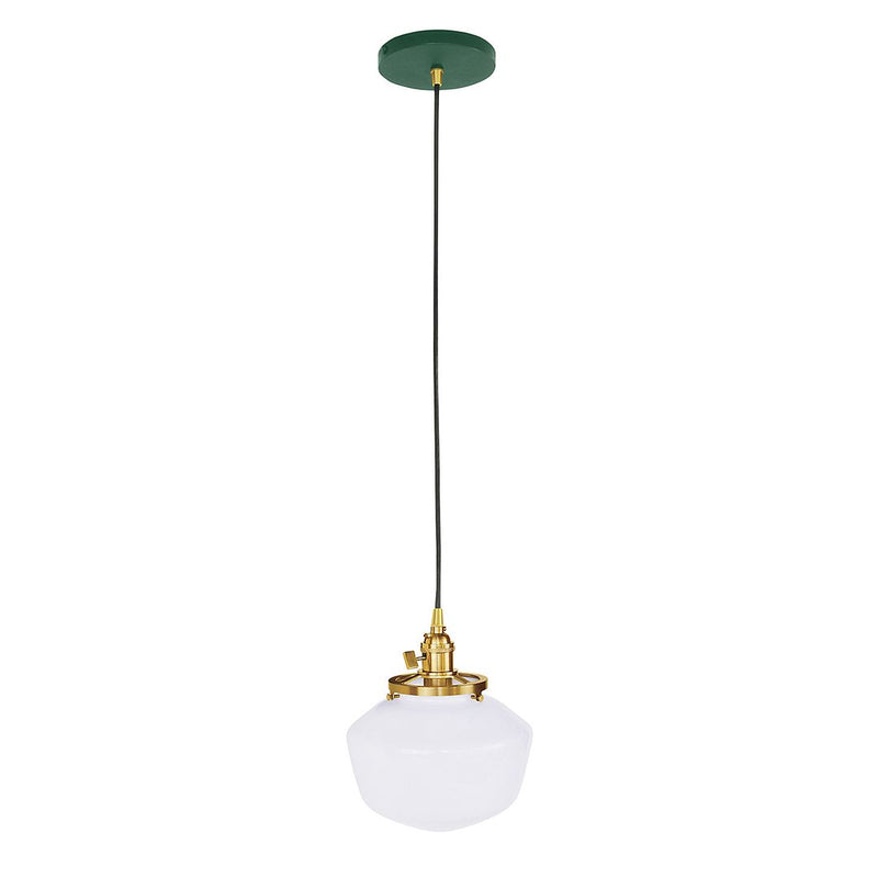 Forest green glass pendant with brushed brass hardware and black cord