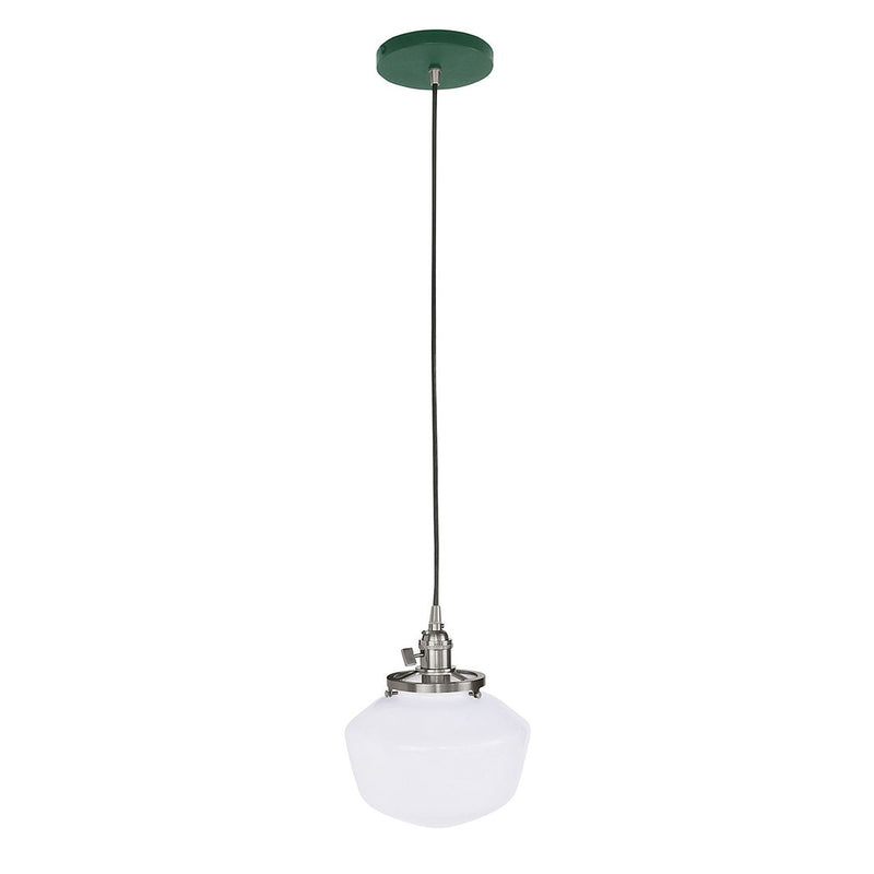 Forest green ceiling pendant with white glass shade and brushed nickel hardware