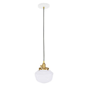 Uno pendant light with white glass globe shade and brushed brass socket, black cord