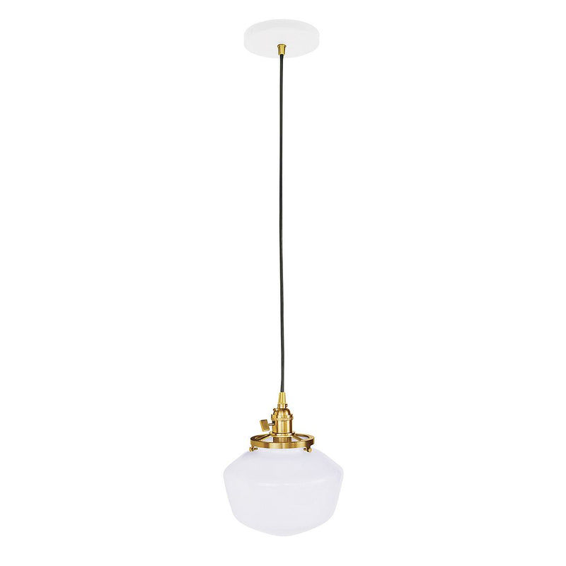 Uno pendant light with white glass globe shade and brushed brass socket, black cord