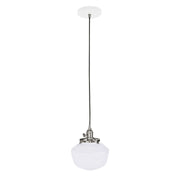 White glass globe pendant light with brushed nickel socket and round ceiling canopy