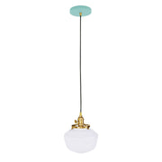 Sea green canopy and brushed brass pendant with frosted glass globe shade