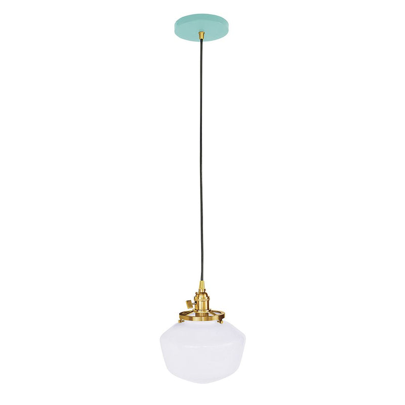 Sea green canopy and brushed brass pendant with frosted glass globe shade