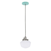 Sea green canopy pendant with brushed nickel stem and white glass globe shade