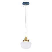Navy pendant light with brushed brass socket and white glass dome shade