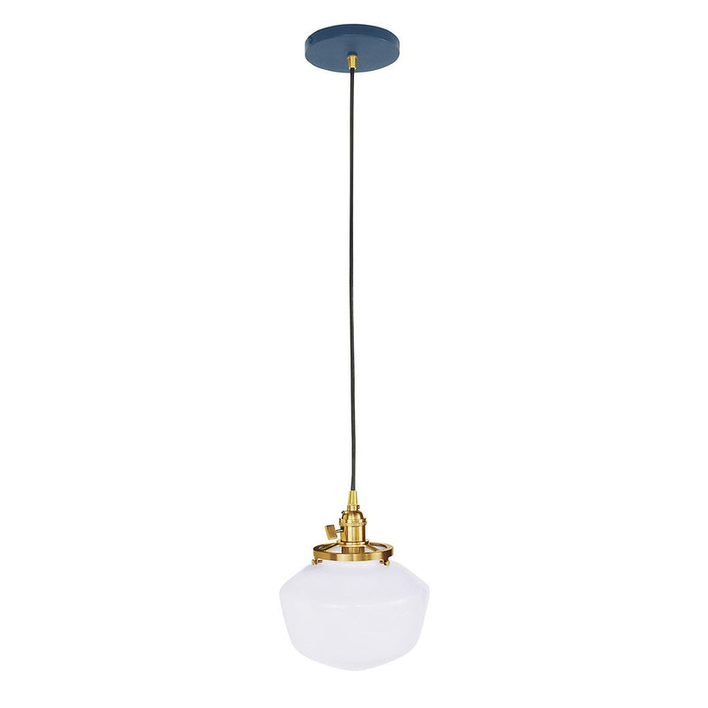 Navy pendant light with brushed brass socket and white glass dome shade