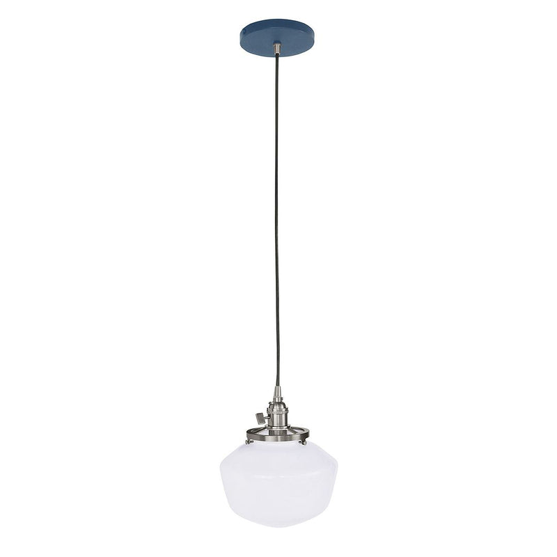 Navy ceiling pendant with brushed nickel canopy and opal glass globe shade