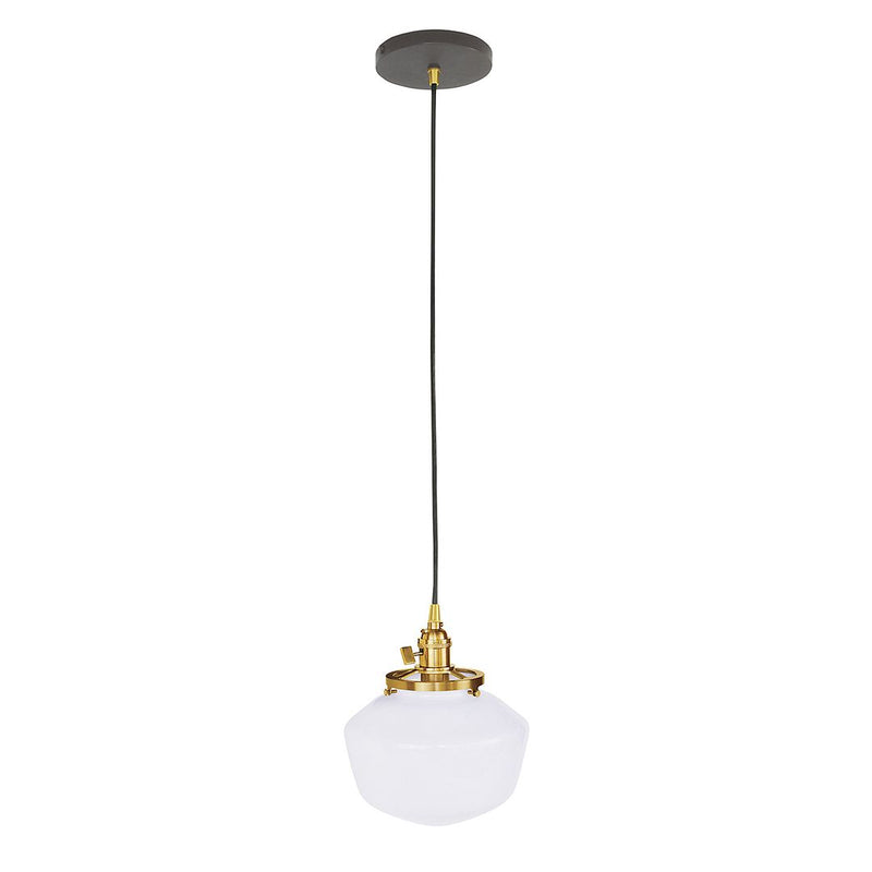 Bronze pendant light with white opal globe and brushed brass hardware