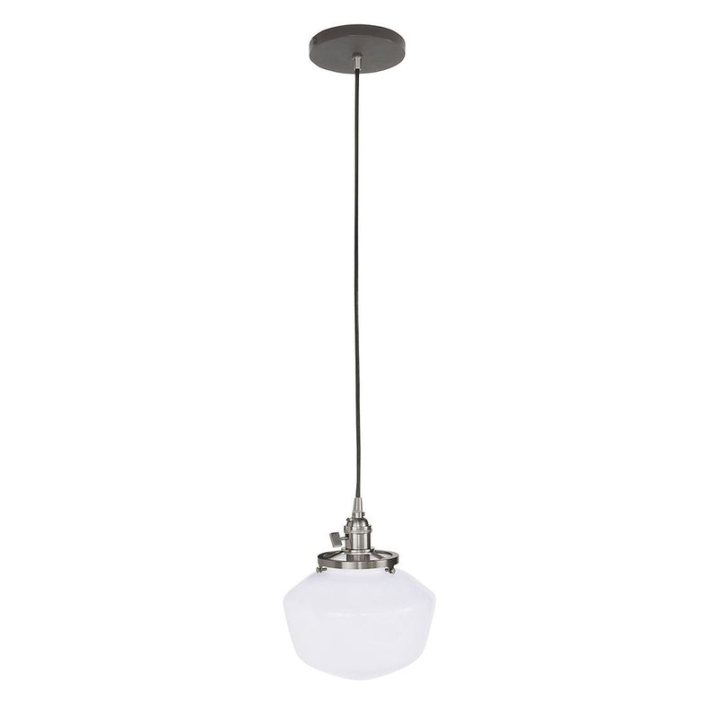 Uno pendant light with frosted glass shade and brushed nickel hardware, cord suspension.