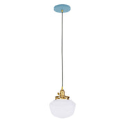 Light blue glass pendant with brushed brass top and black cord, 8 in shade