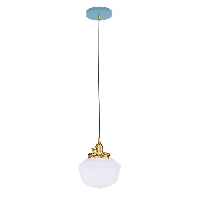 Uno pendant with light blue glass globe and brushed brass canopy, clear cord