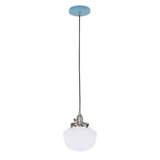 Light blue pendant light canopy with brushed nickel hardware and frosted white glass shade