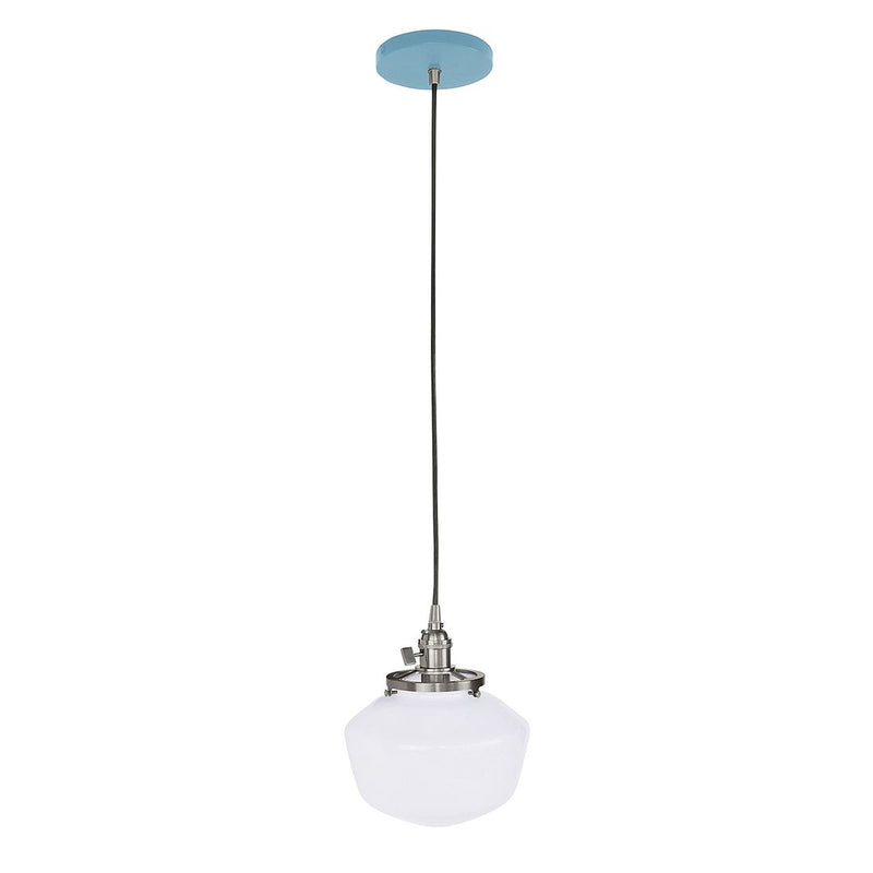 Light blue pendant light canopy with brushed nickel hardware and frosted white glass shade
