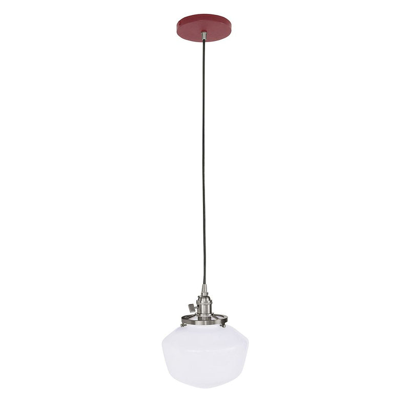 Barn red ceiling pendant with brushed nickel hardware and frosted white glass shade