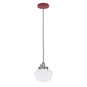 Barn red Uno pendant with brushed nickel hardware and white glass globe shade