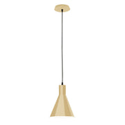 Ivory LED pendant with tapered fabric shade and black cord, round ceiling canopy