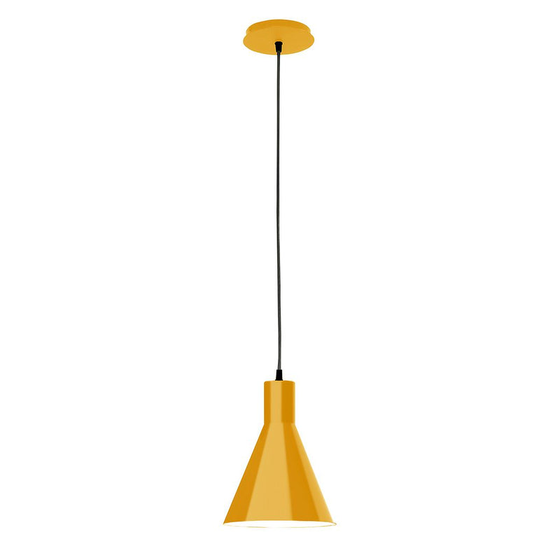 Bright yellow cone pendant light with ceiling cap and black hanging cord