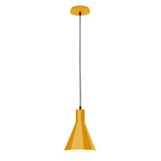 Bright yellow LED pendant light with flared shade and round ceiling canopy
