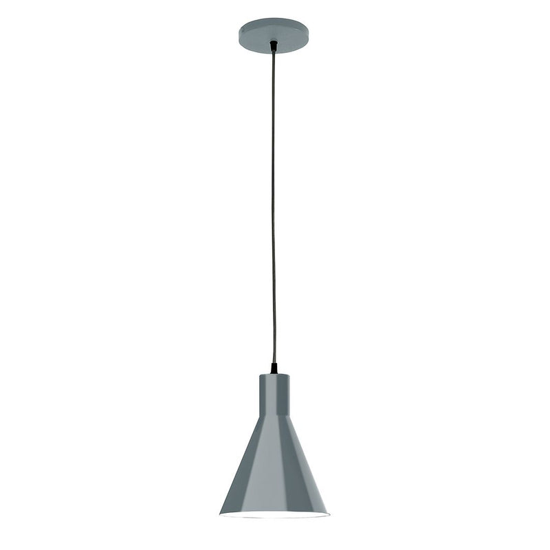 Slate gray conical LED pendant with round ceiling canopy and hanging cord