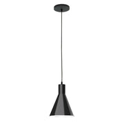 Black conical pendant light with round ceiling canopy and down rod