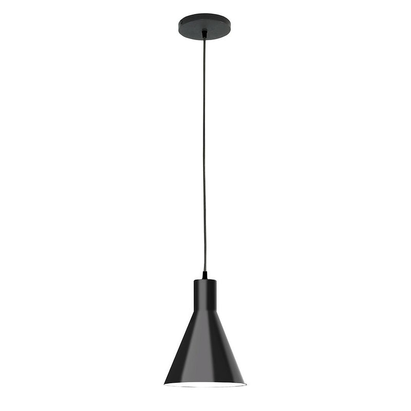 Black 8-inch pendant light with tapered bell shade and cord canopy